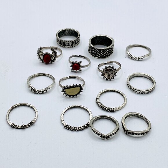 Set of 14 Silver Tone Fashion Rings 7 7.5 8 New - Picture 1 of 5